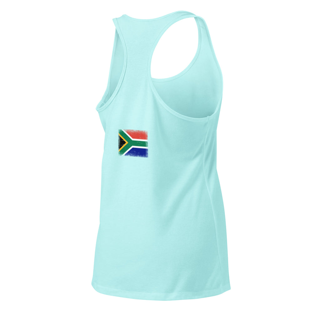 South Africa flag racerback tank top in Cancun, vintage-washed print, flag across the upper back, women cut, back view