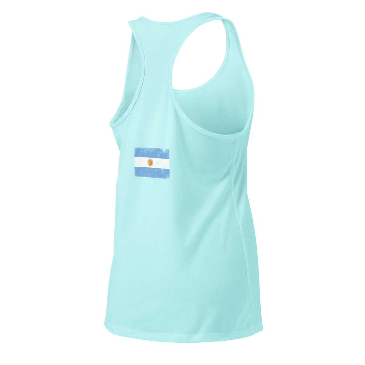 Argentina flag racerback tank top in Cancun, vintage-washed print, flag across the upper back, women cut, back view