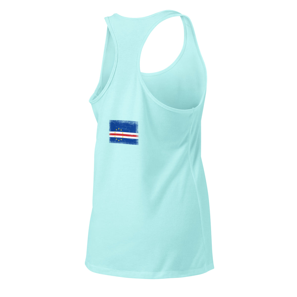 Cape Verde flag racerback tank top in Cancun, vintage-washed print, flag across the upper back, women cut, back view