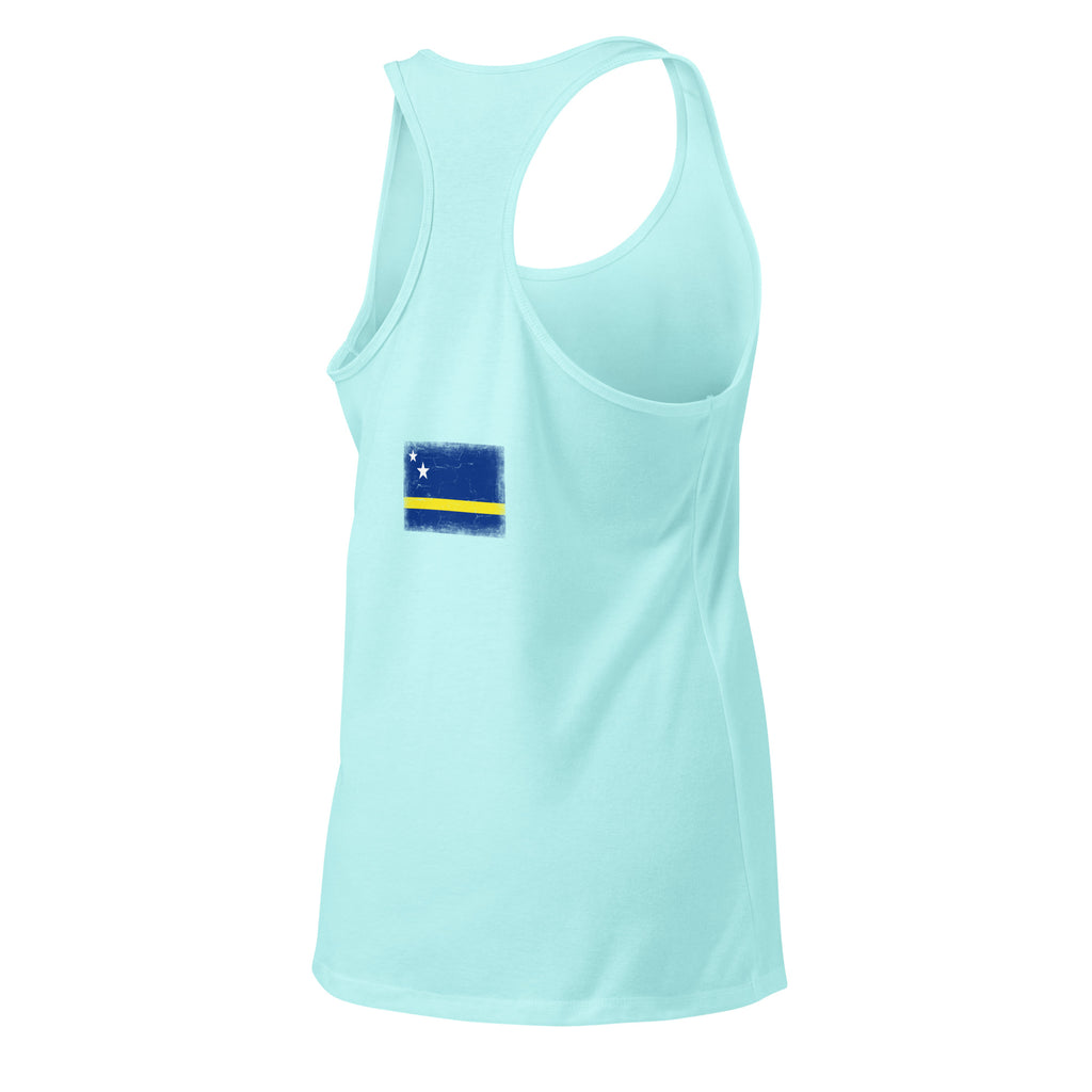 Curaçao flag racerback tank top in Cancun, vintage-washed print, flag across the upper back, women cut, back view