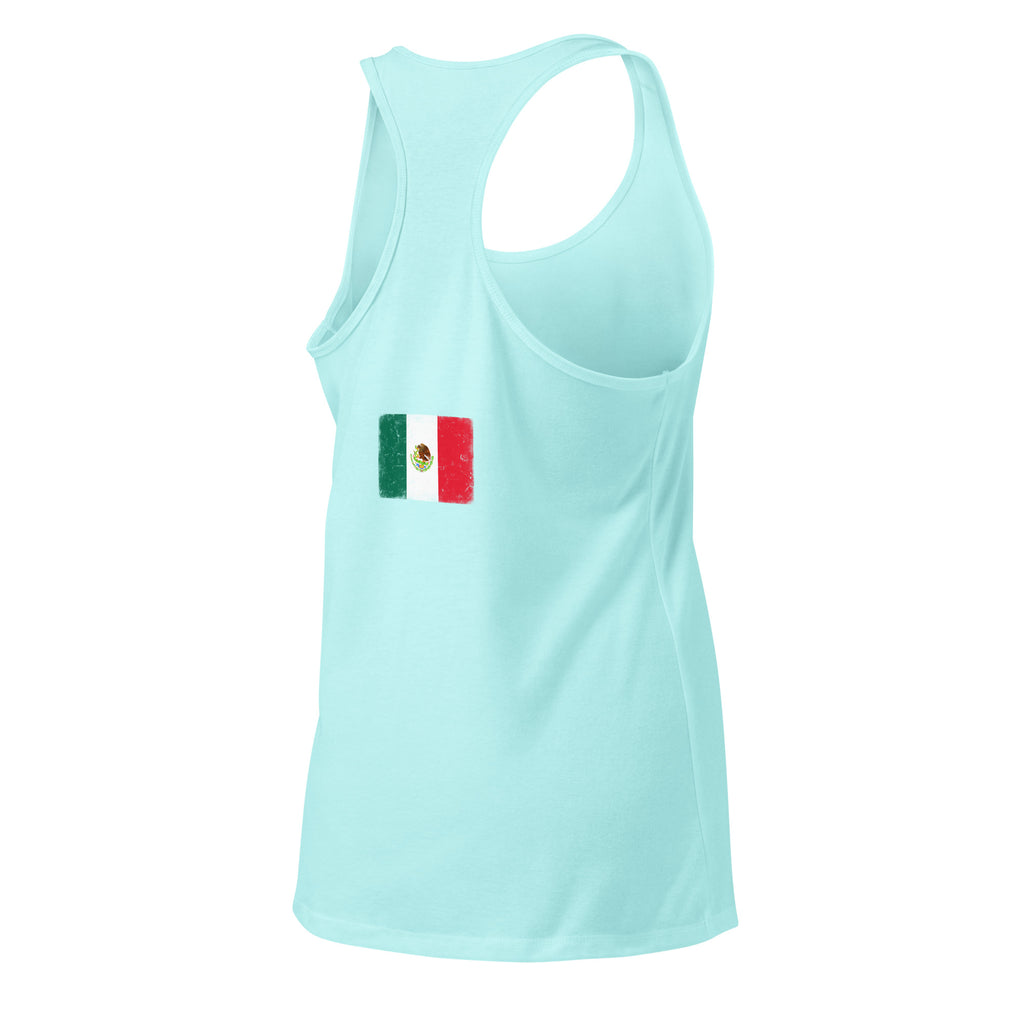 Mexico flag racerback tank top in Cancun, vintage-washed print, flag across the upper back, women cut, back view
