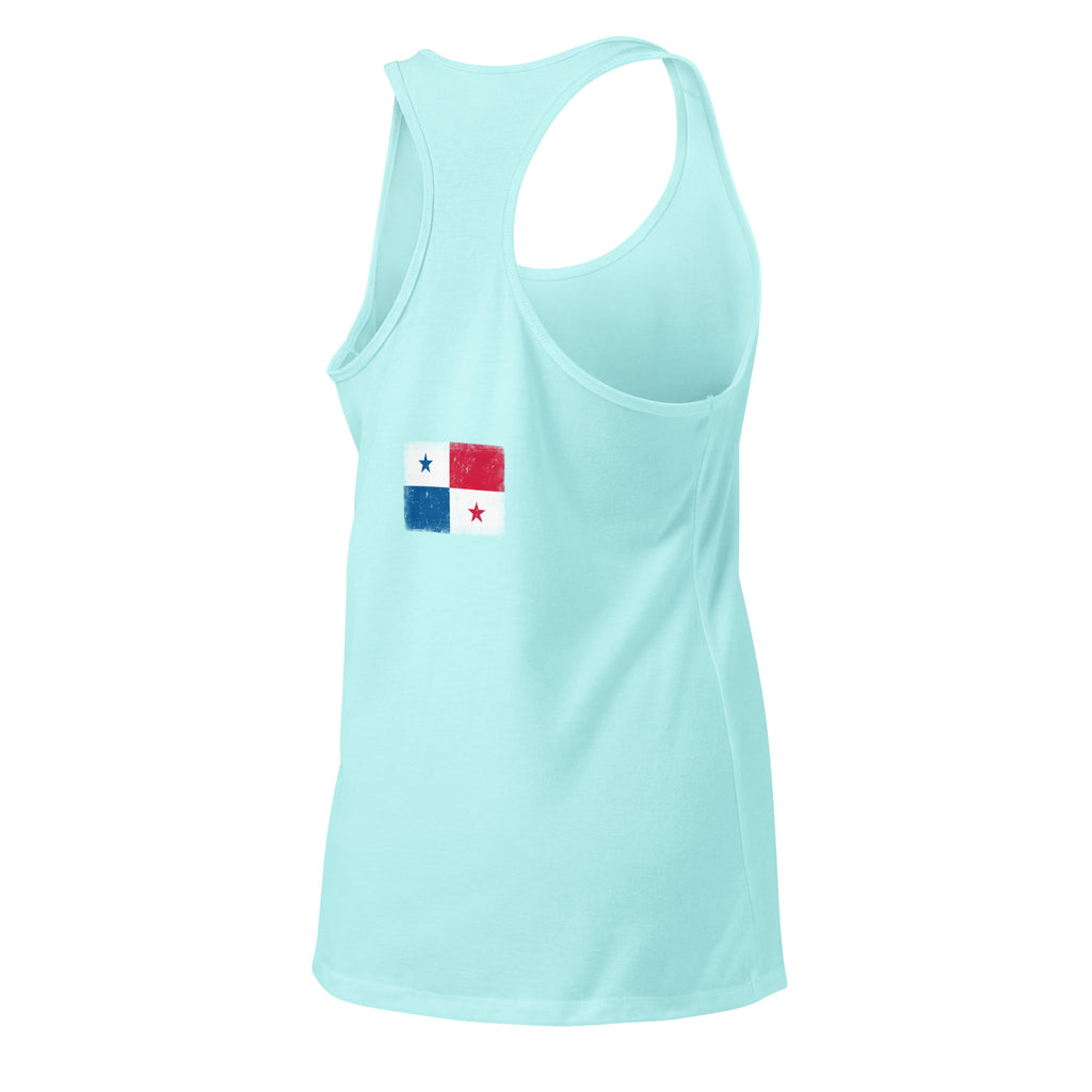 Panama flag racerback tank top in Cancun, vintage-washed print, flag across the upper back, women cut, back view