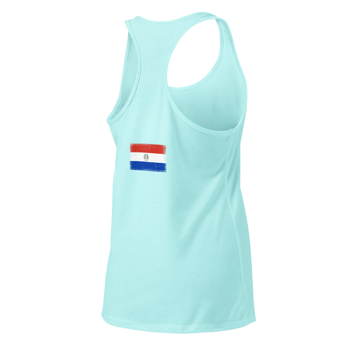 Paraguay flag racerback tank top in Cancun, vintage-washed print, flag across the upper back, women cut, back view
