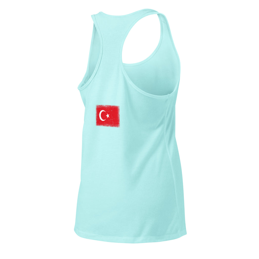 Turkey flag racerback tank top in Cancun, vintage-washed print, flag across the upper back, women cut, back view
