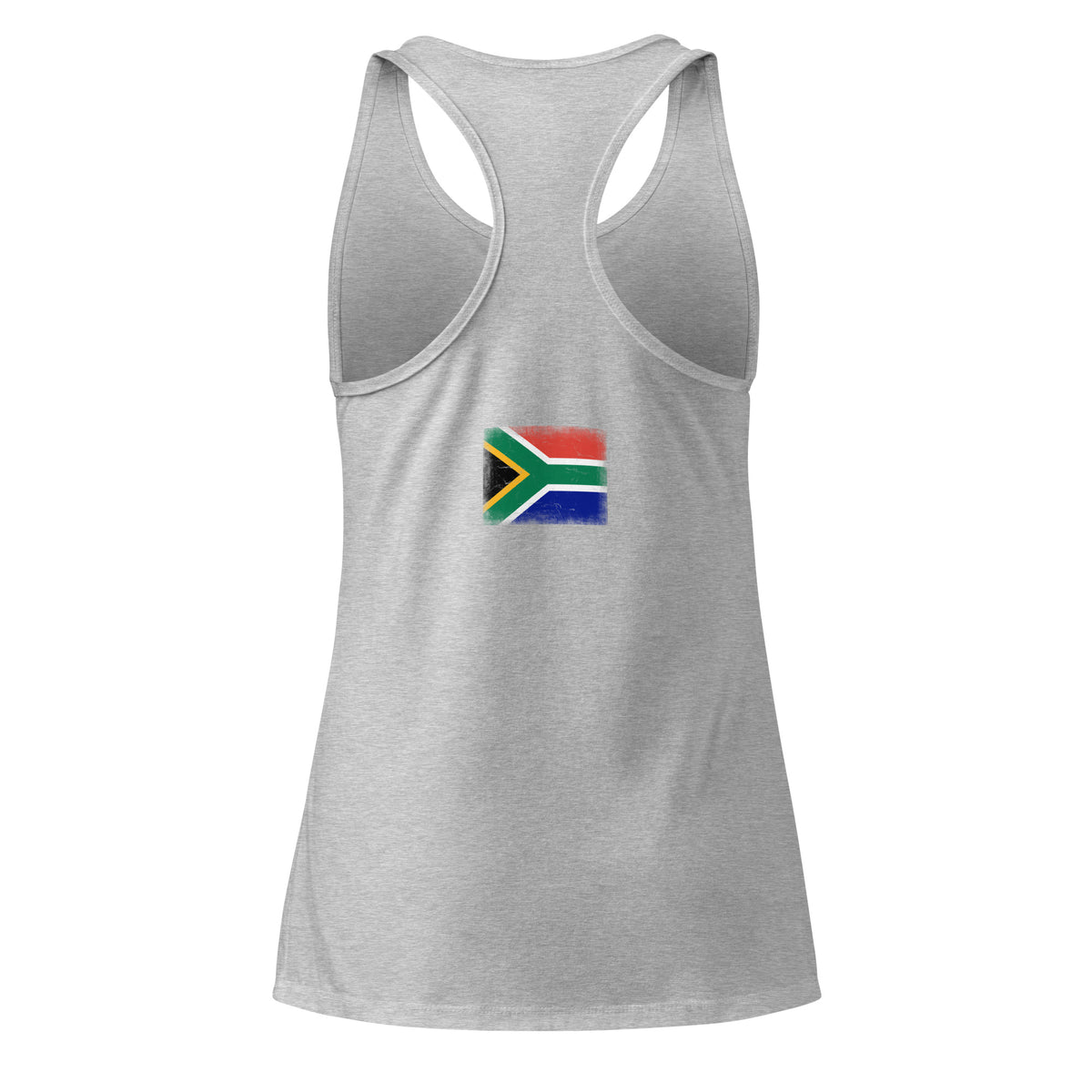 South Africa flag racerback tank top in Heather Gray, vintage-washed print, flag across the upper back, women cut, back view