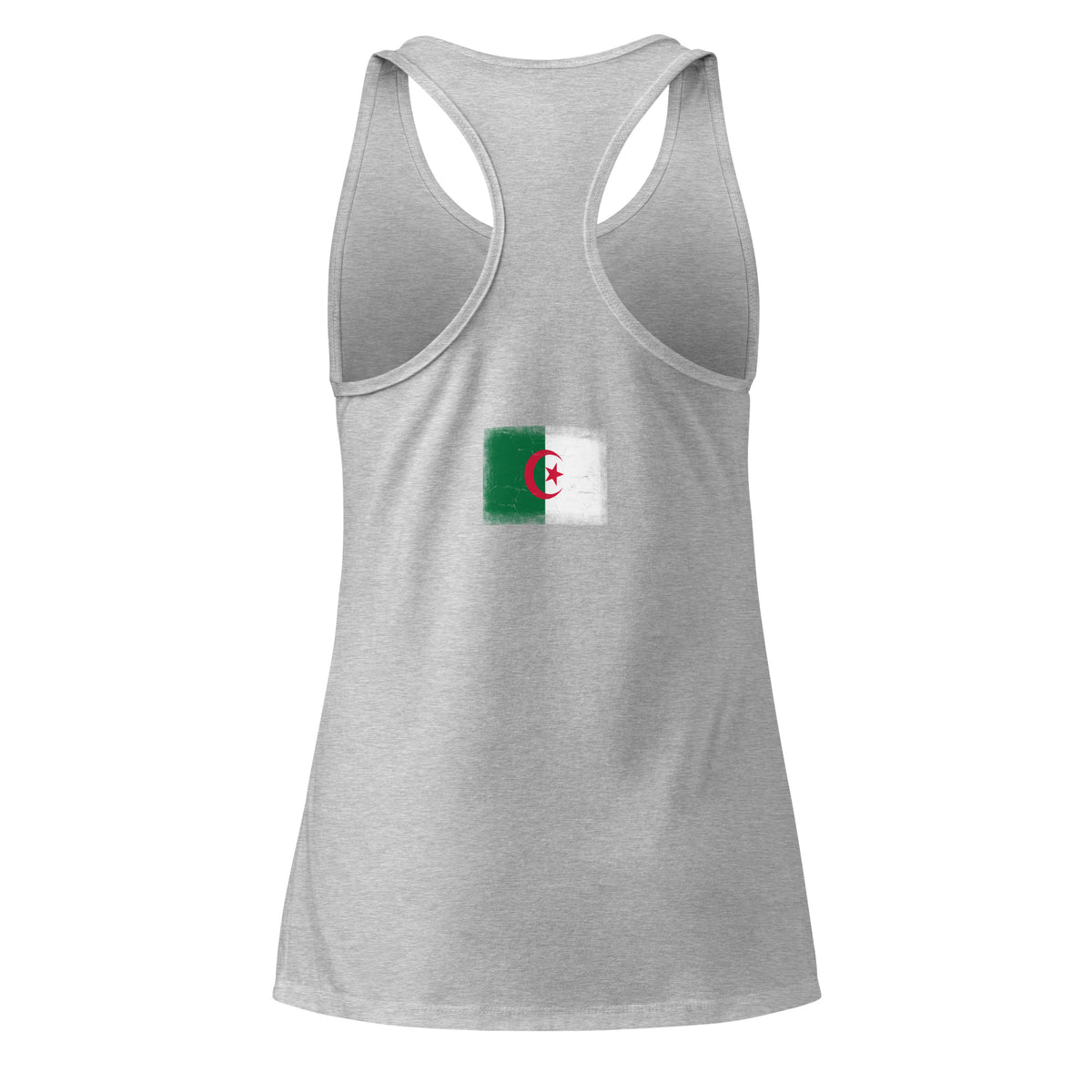 Algeria flag racerback tank top in Heather Gray, vintage-washed print, flag across the upper back, women cut, back view