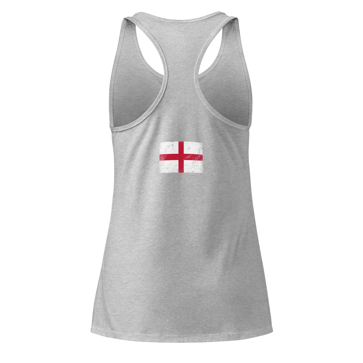 England flag racerback tank top in Heather Gray, vintage-washed print, flag across the upper back, women cut, back view