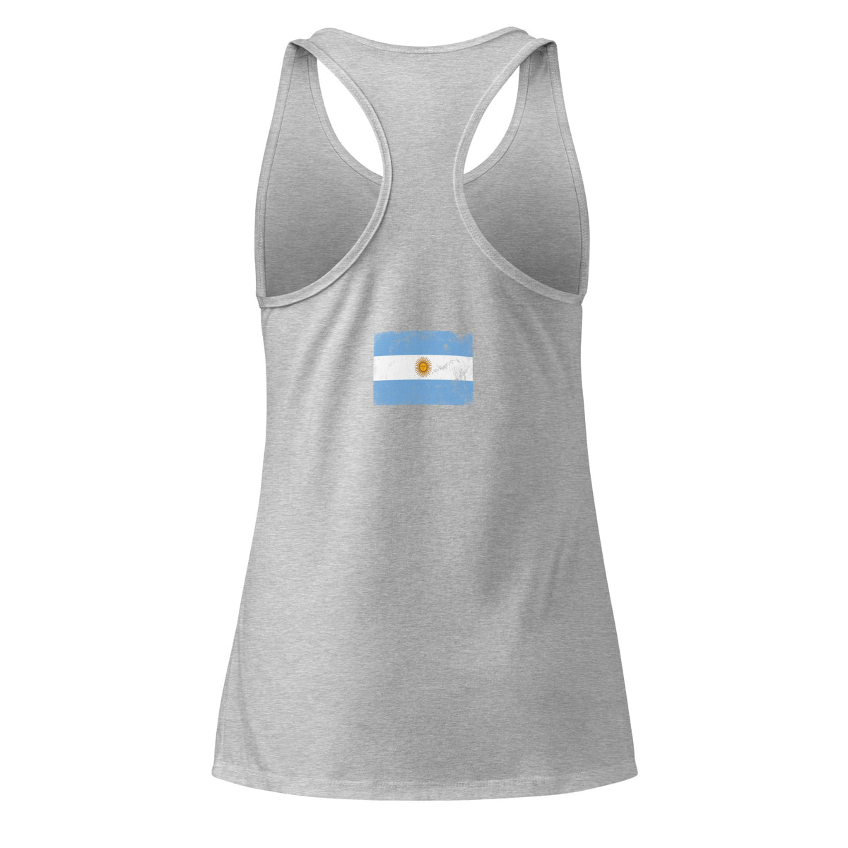 Argentina flag racerback tank top in Heather Gray, vintage-washed print, flag across the upper back, women cut, back view