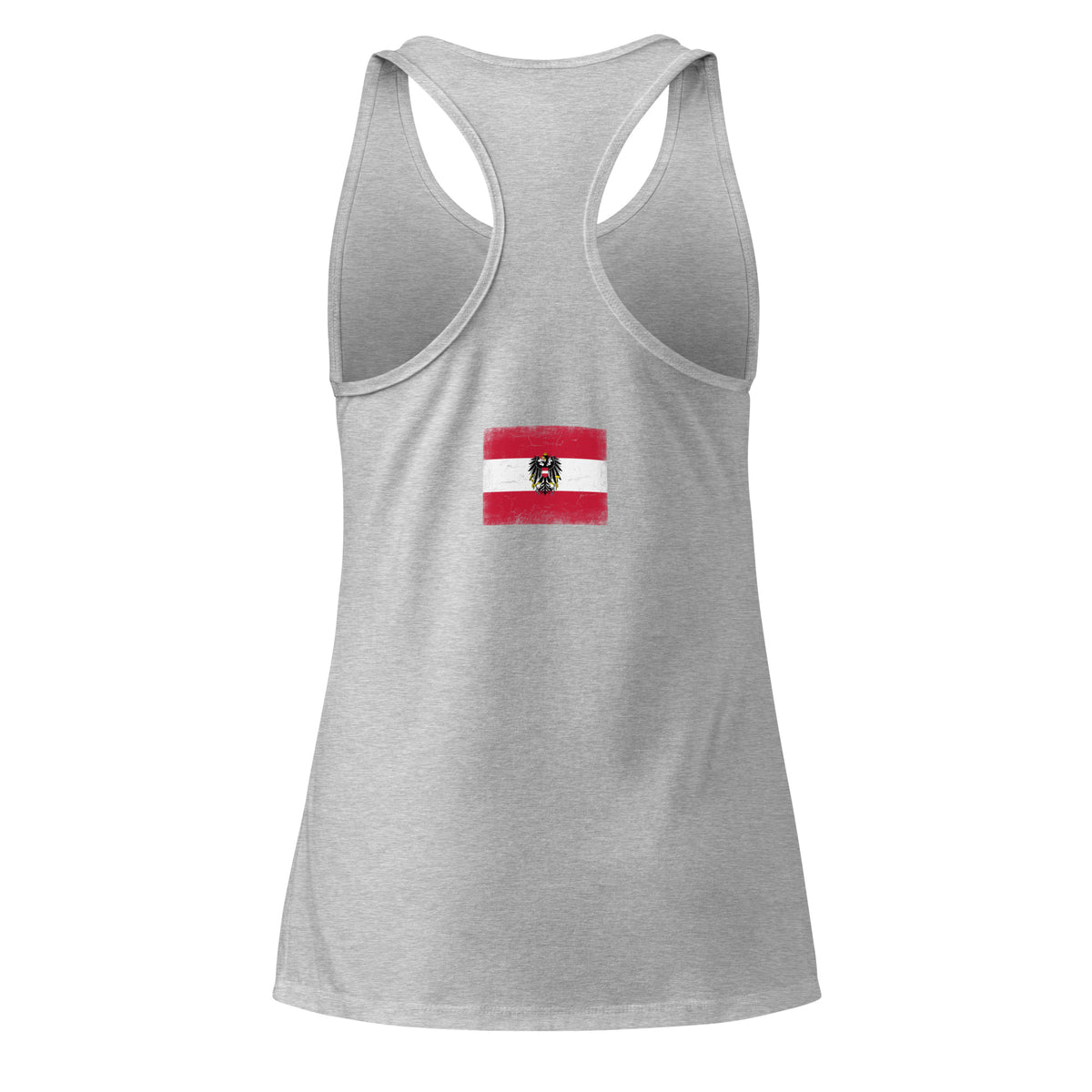 Austria flag racerback tank top in Heather Gray, vintage-washed print, flag across the upper back, women cut, back view