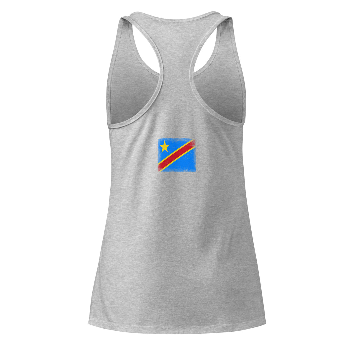 Congo flag racerback tank top in Heather Gray, vintage-washed print, flag across the upper back, women cut, back view