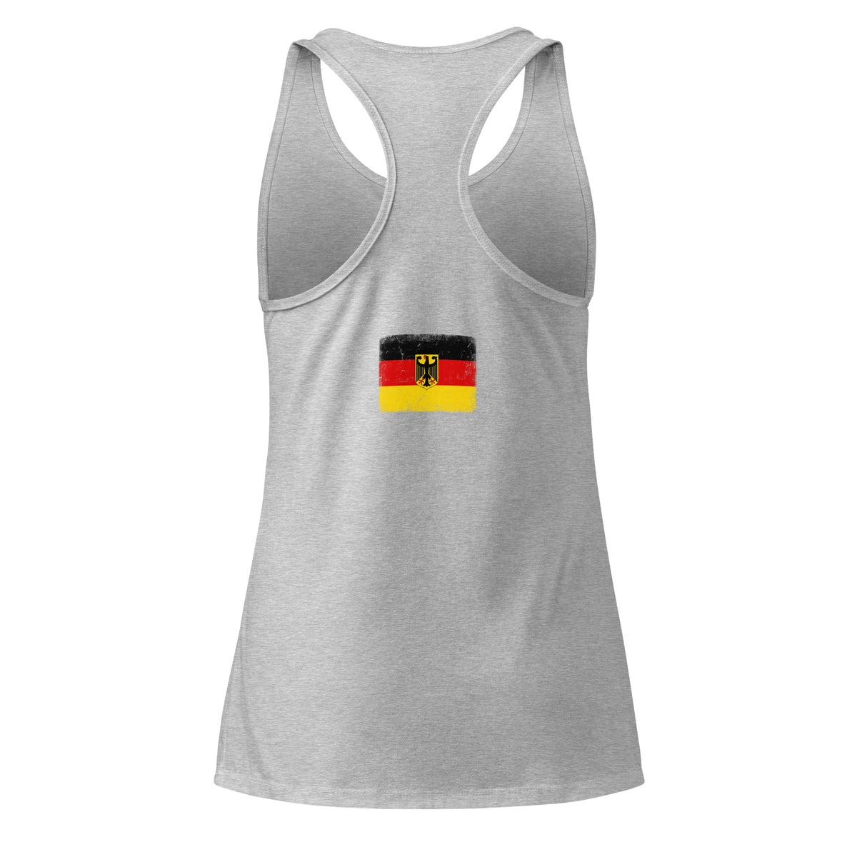 Germany flag racerback tank top in Heather Gray, vintage-washed print, flag across the upper back, women cut, back view