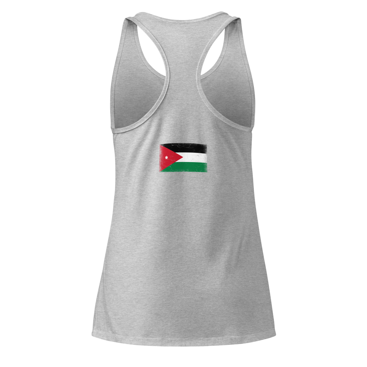Jordan flag racerback tank top in Heather Gray, vintage-washed print, flag across the upper back, women cut, back view