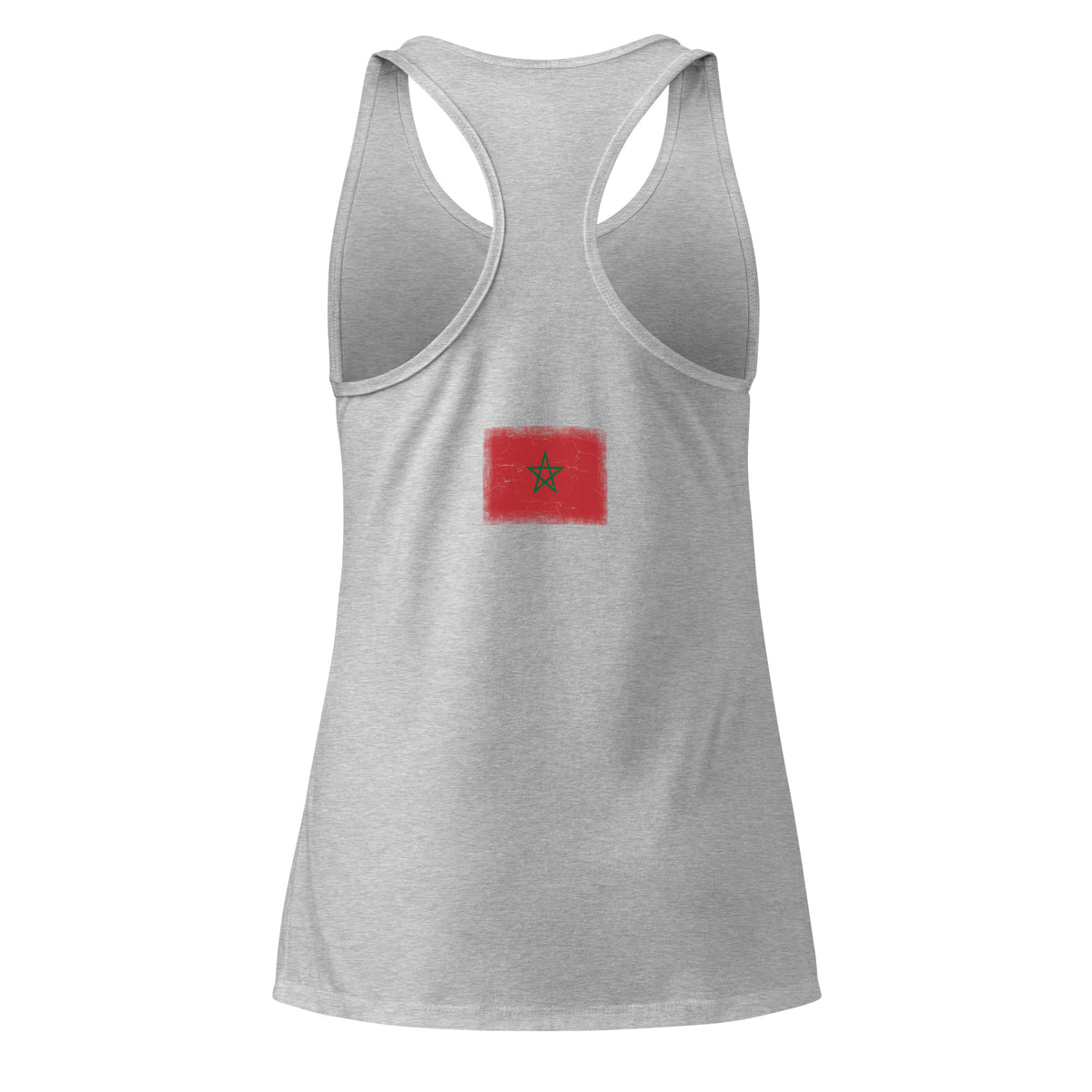 Morocco flag racerback tank top in Heather Gray, vintage-washed print, flag across the upper back, women cut, back view