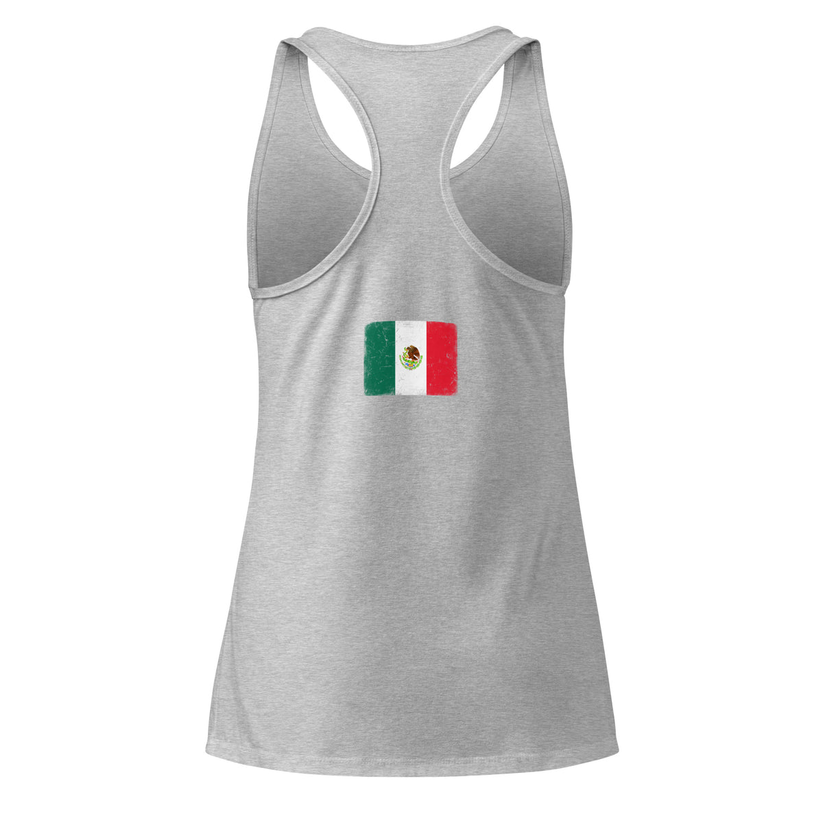 Mexico flag racerback tank top in Heather Gray, vintage-washed print, flag across the upper back, women cut, back view