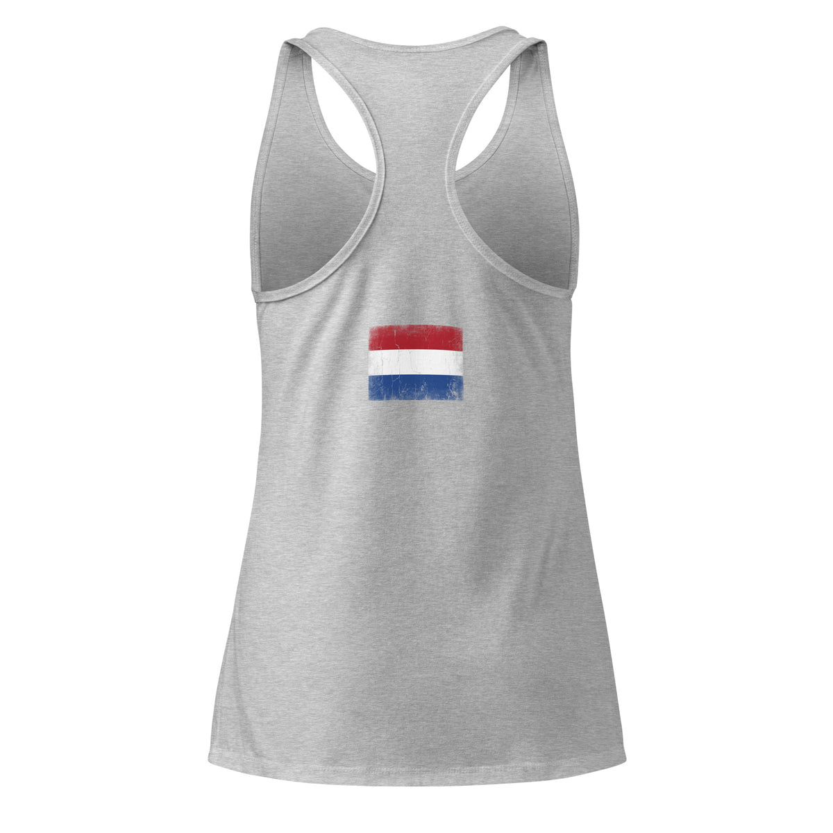 Netherlands flag racerback tank top in Heather Gray, vintage-washed print, flag across the upper back, women cut, back view