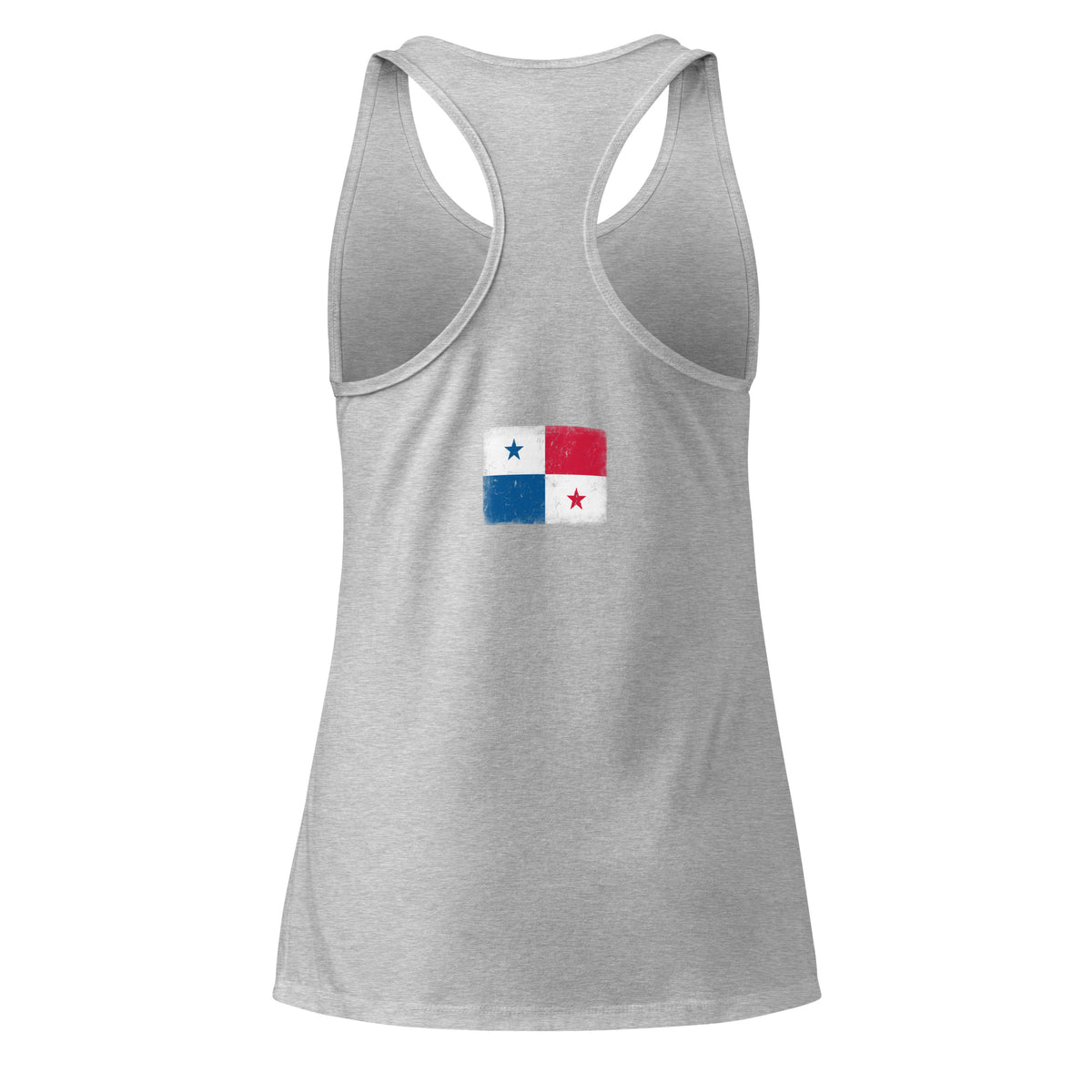 Panama flag racerback tank top in Heather Gray, vintage-washed print, flag across the upper back, women cut, back view