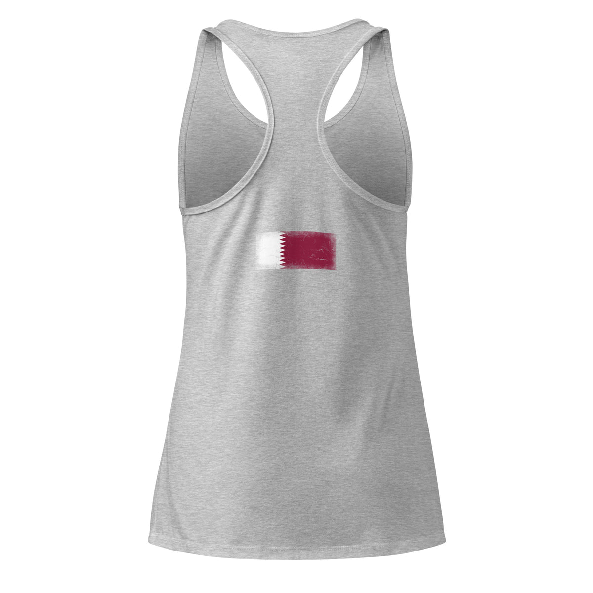 Qatar flag racerback tank top in Heather Gray, vintage-washed print, flag across the upper back, women cut, back view