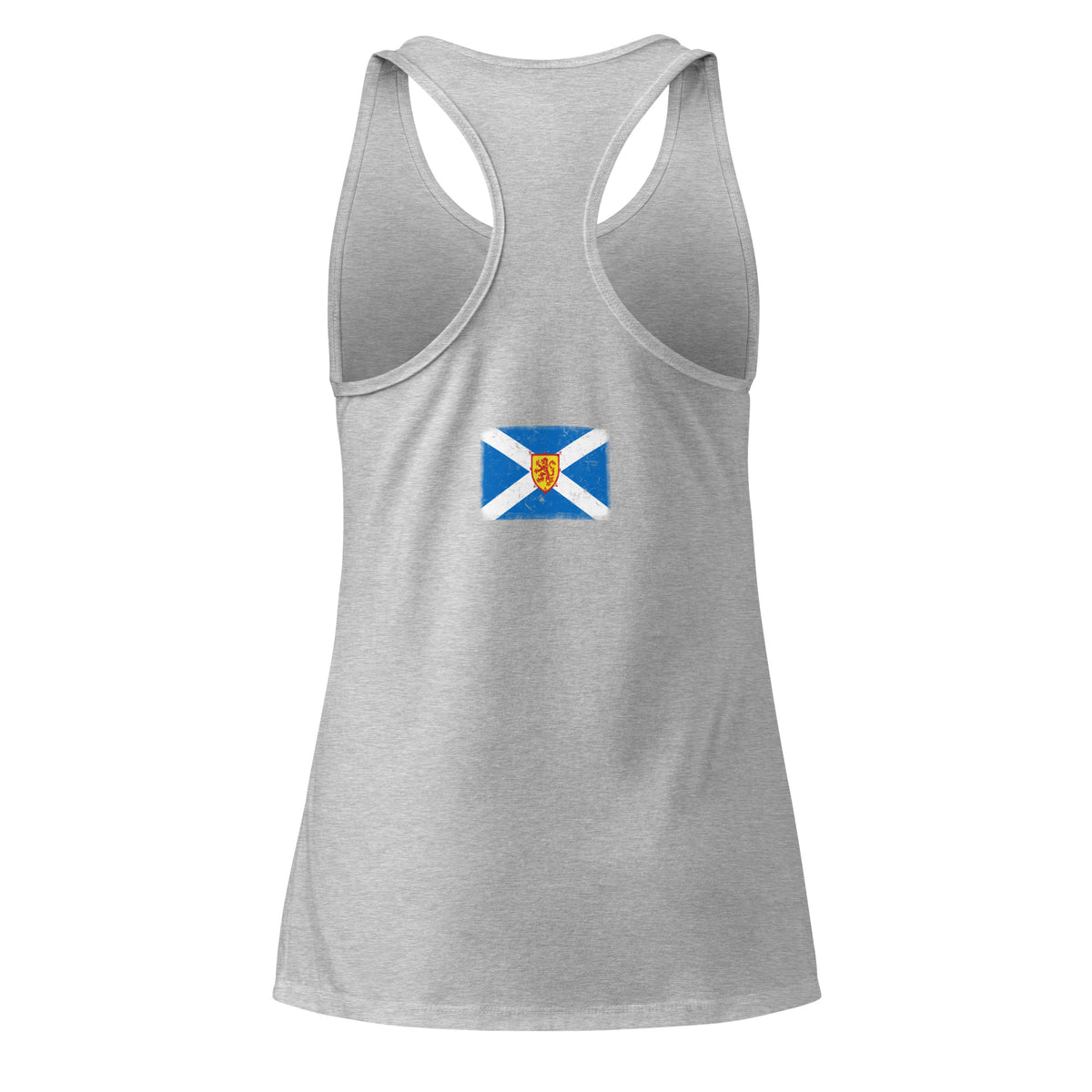 Scotland flag racerback tank top in Heather Gray, vintage-washed print, flag across the upper back, women cut, back view
