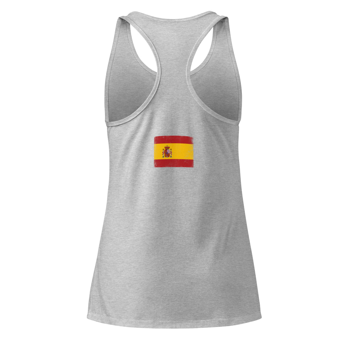 Spain flag racerback tank top in Heather Gray, vintage-washed print, flag across the upper back, women cut, back view