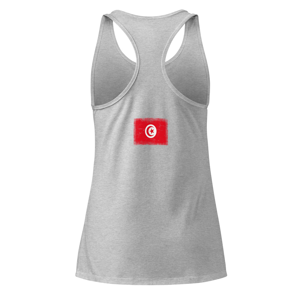 Tunisia flag racerback tank top in Heather Gray, vintage-washed print, flag across the upper back, women cut, back view