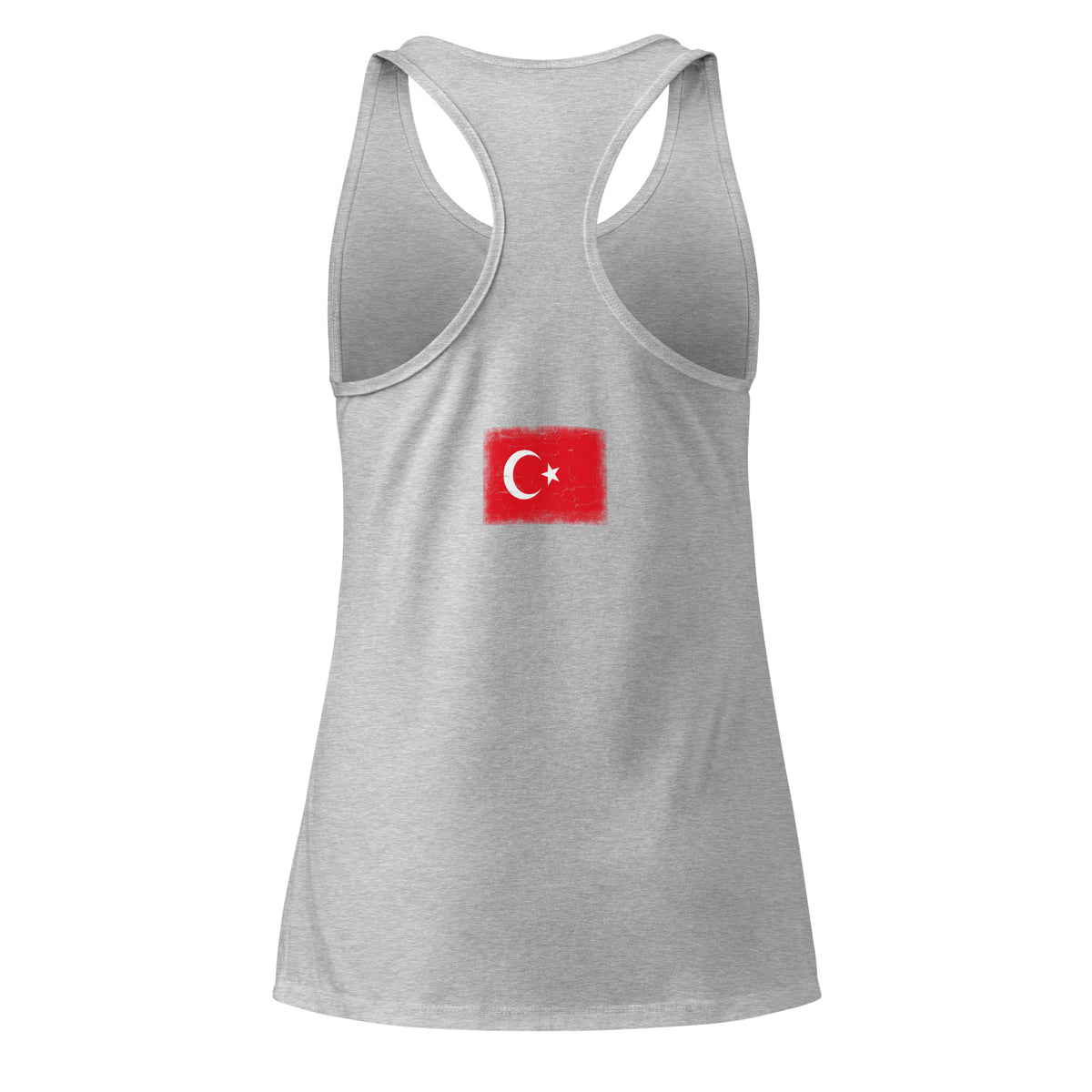 Turkey flag racerback tank top in Heather Gray, vintage-washed print, flag across the upper back, women cut, back view