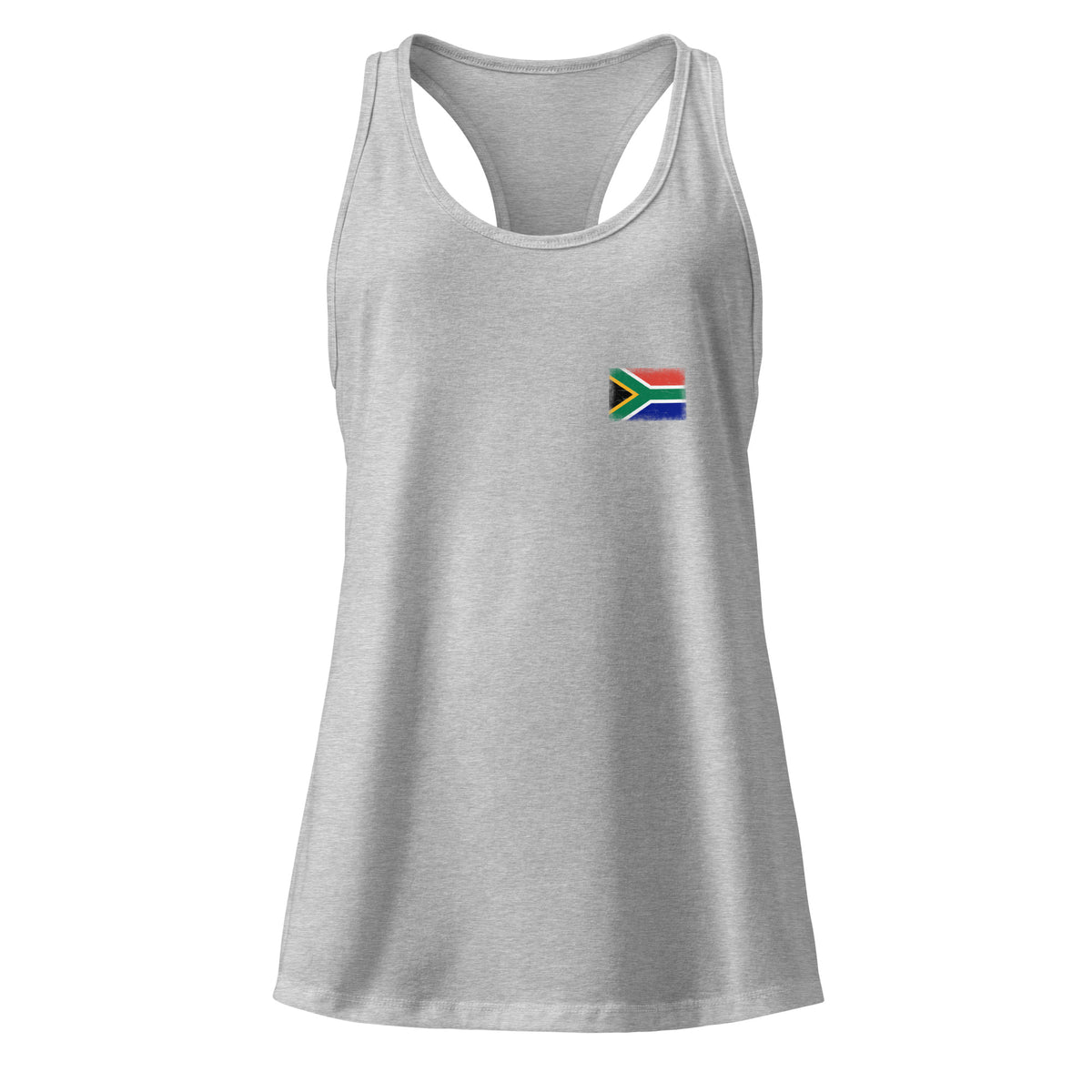 South Africa flag racerback tank top in Heather Gray, vintage-washed print, small flag on the left chest, women cut, front view