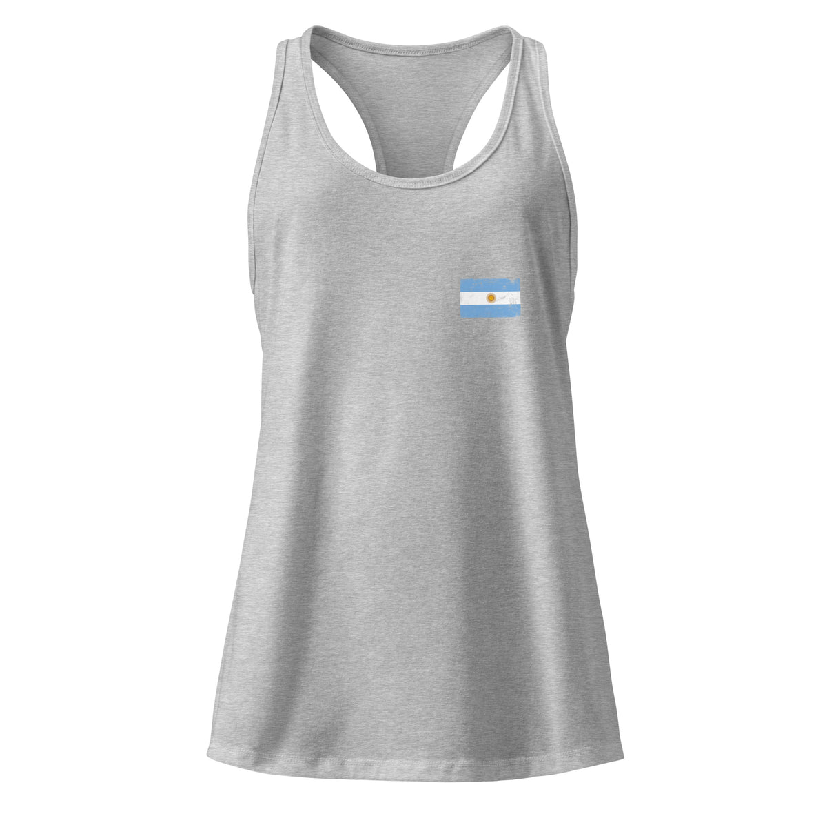 Argentina flag racerback tank top in Heather Gray, vintage-washed print, small flag on the left chest, women cut, front view