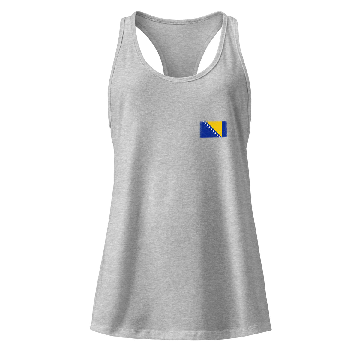 Bosnia and Herzegovina flag racerback tank top in Heather Gray, vintage-washed print, small flag on the left chest, women cut, front view
