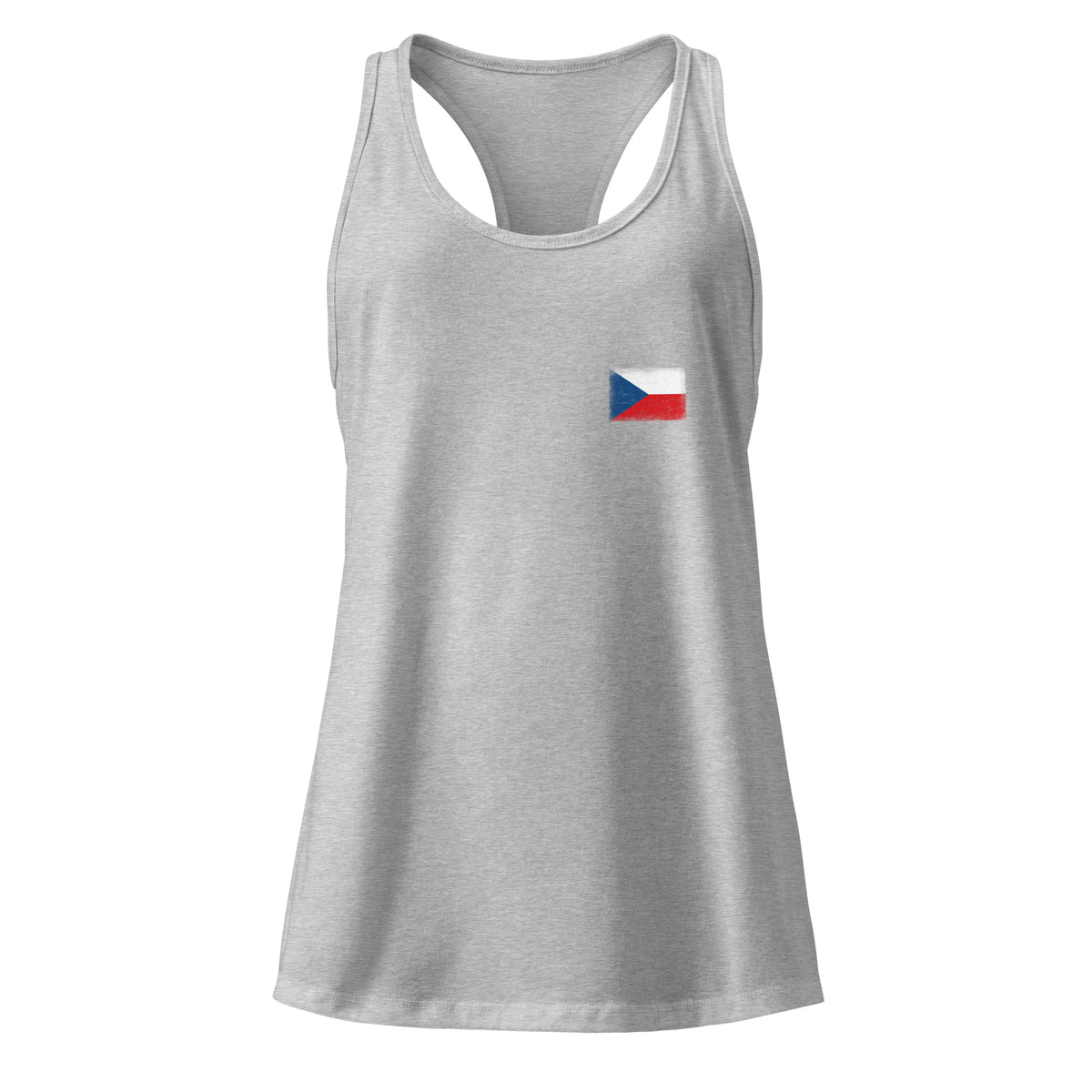 Czechia flag racerback tank top in Heather Gray, vintage-washed print, small flag on the left chest, women cut, front view