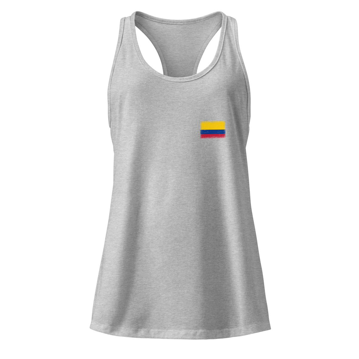 Colombia flag racerback tank top in Heather Gray, vintage-washed print, small flag on the left chest, women cut, front view