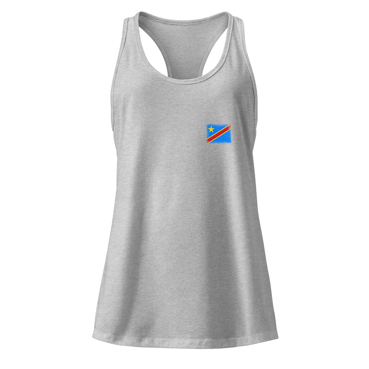 Congo flag racerback tank top in Heather Gray, vintage-washed print, small flag on the left chest, women cut, front view