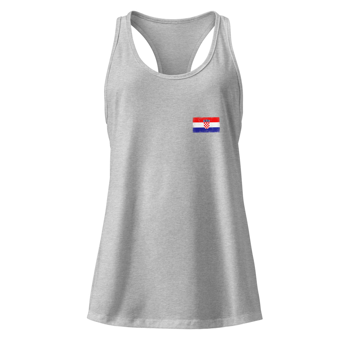 Croatia flag racerback tank top in Heather Gray, vintage-washed print, small flag on the left chest, women cut, front view