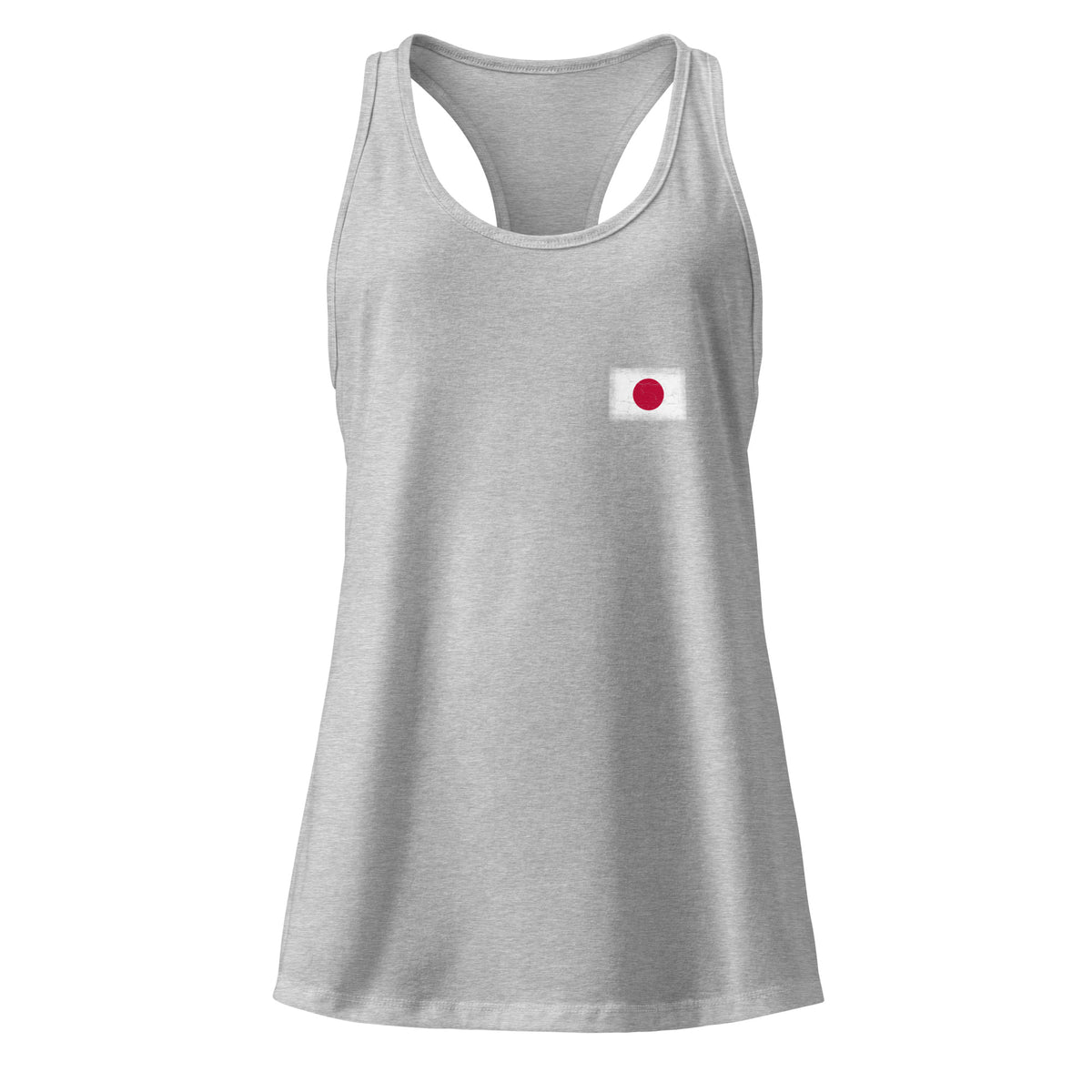 Japan flag racerback tank top in Heather Gray, vintage-washed print, small flag on the left chest, women cut, front view