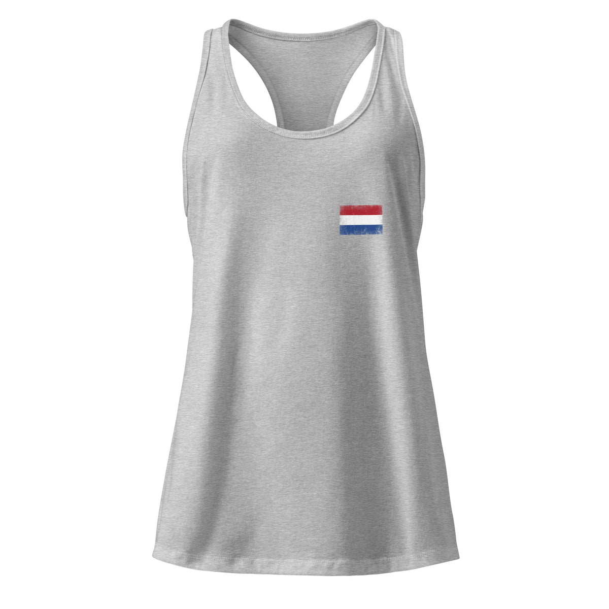 Netherlands flag racerback tank top in Heather Gray, vintage-washed print, small flag on the left chest, women cut, front view