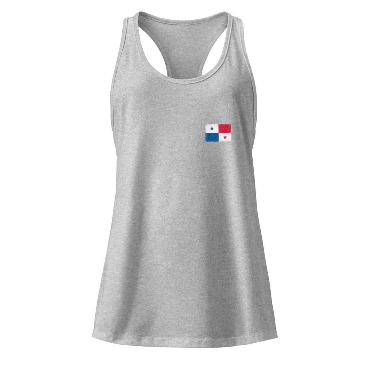 Panama flag racerback tank top in Heather Gray, vintage-washed print, small flag on the left chest, women cut, front view