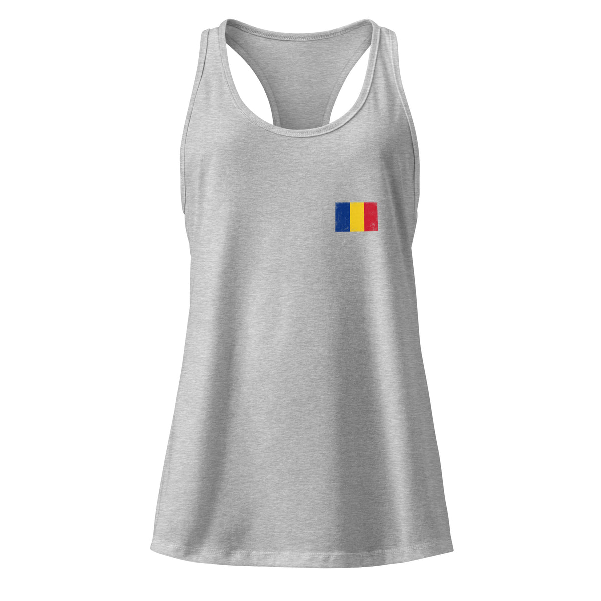 Romania flag racerback tank top in Heather Gray, vintage-washed print, small flag on the left chest, women cut, front view