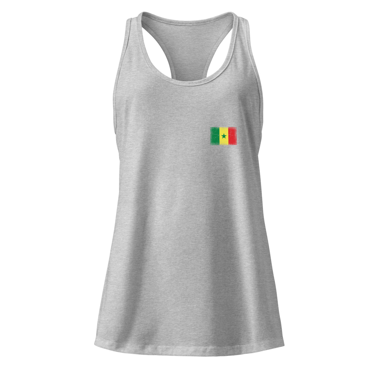 Senegal flag racerback tank top in Heather Gray, vintage-washed print, small flag on the left chest, women cut, front view