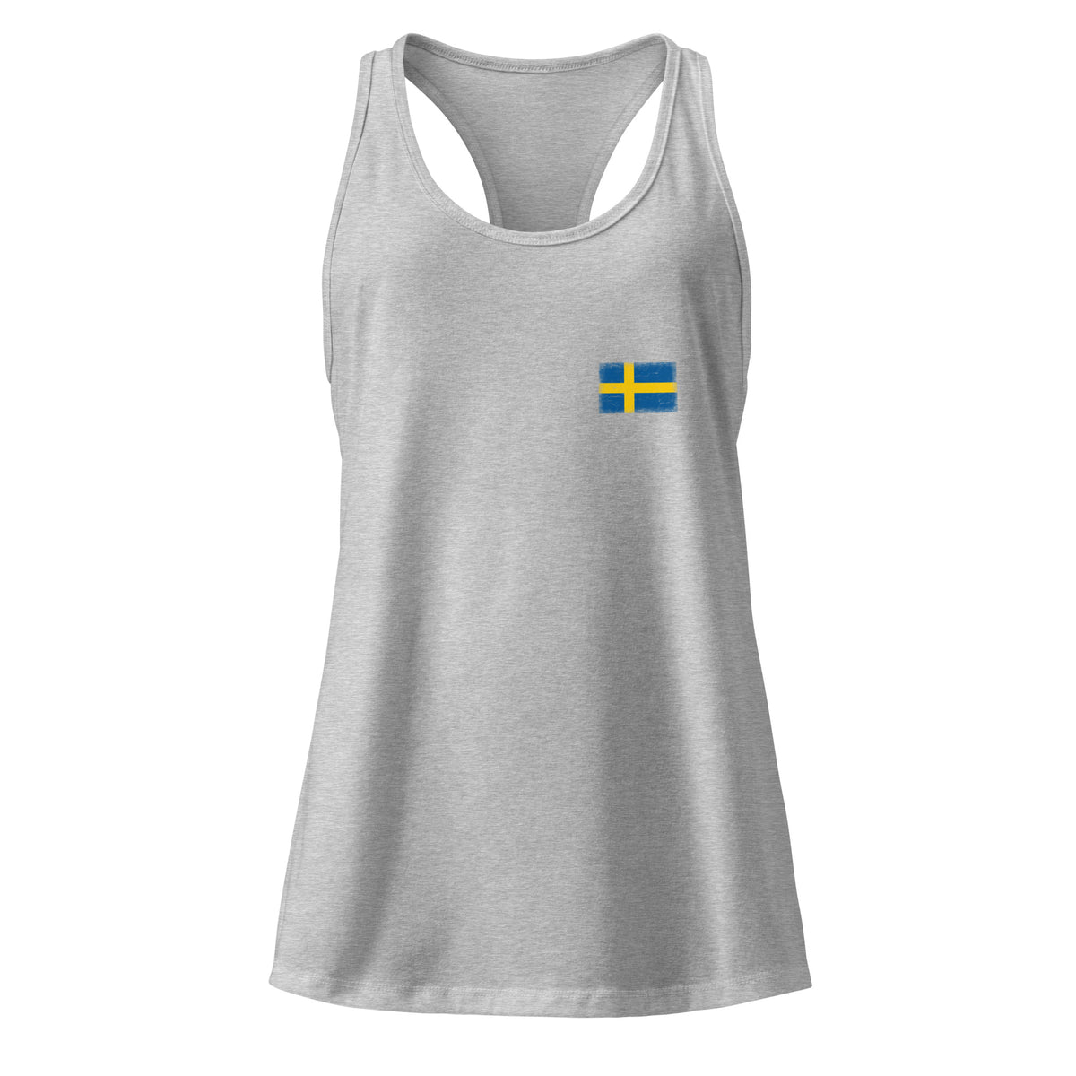 Sweden flag racerback tank top in Heather Gray, vintage-washed print, small flag on the left chest, women cut, front view