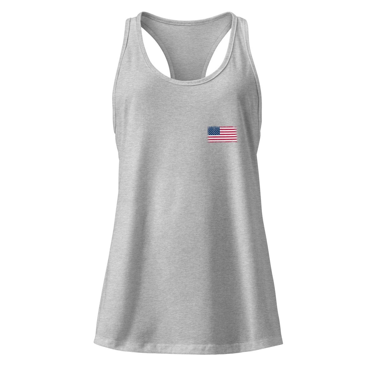 USA flag racerback tank top in Heather Gray, vintage-washed print, small flag on the left chest, women cut, front view
