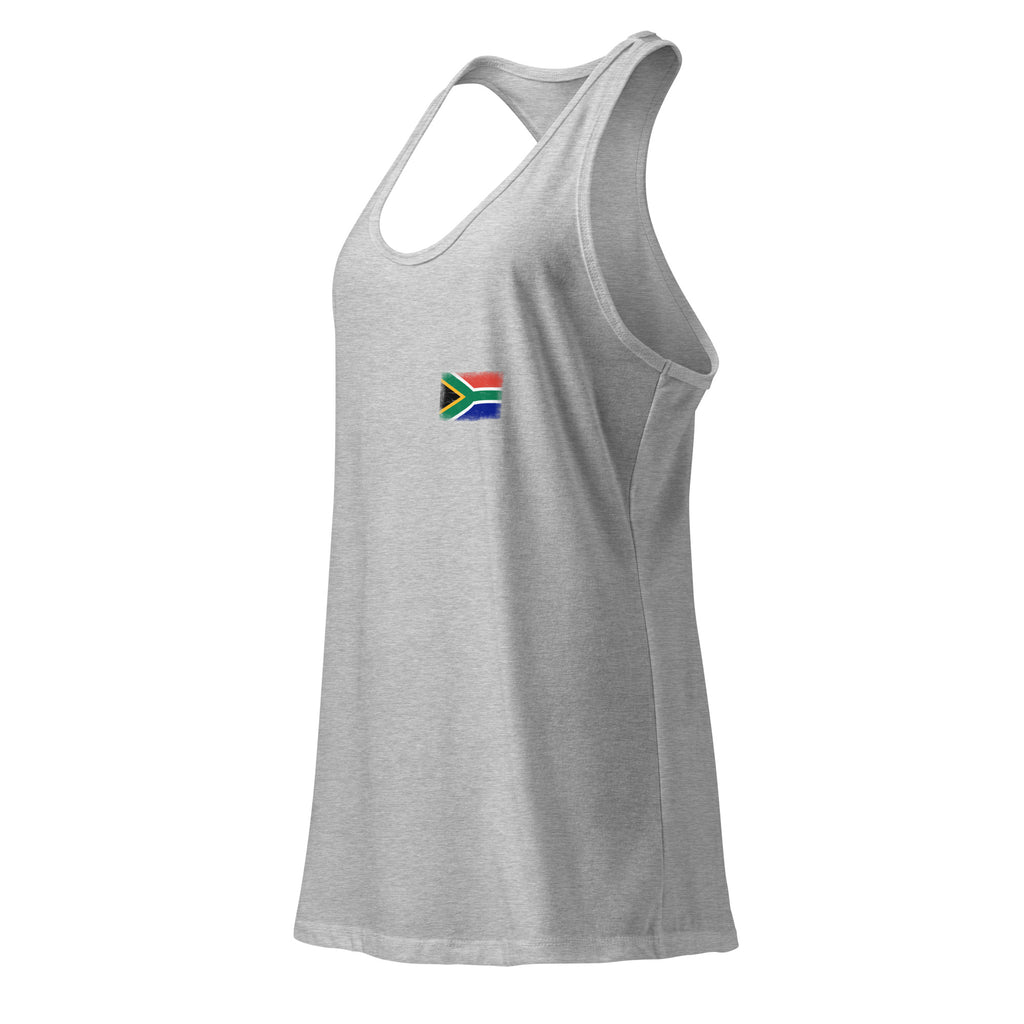 South Africa flag racerback tank top in Heather Gray, vintage-washed print, small flag on the left chest, women cut, side view