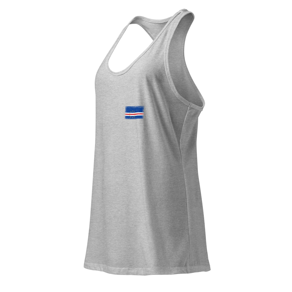 Cape Verde flag racerback tank top in Heather Gray, vintage-washed print, small flag on the left chest, women cut, side view