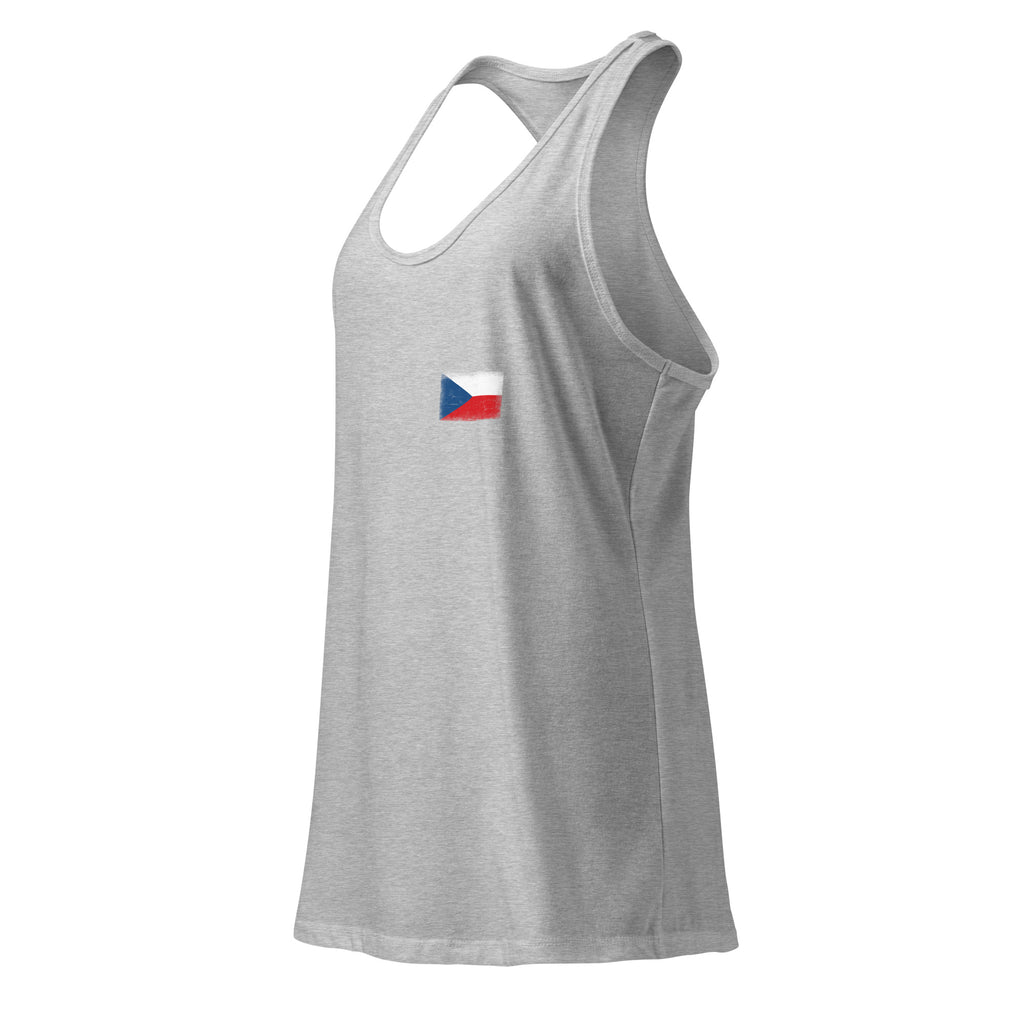 Czechia flag racerback tank top in Heather Gray, vintage-washed print, small flag on the left chest, women cut, side view