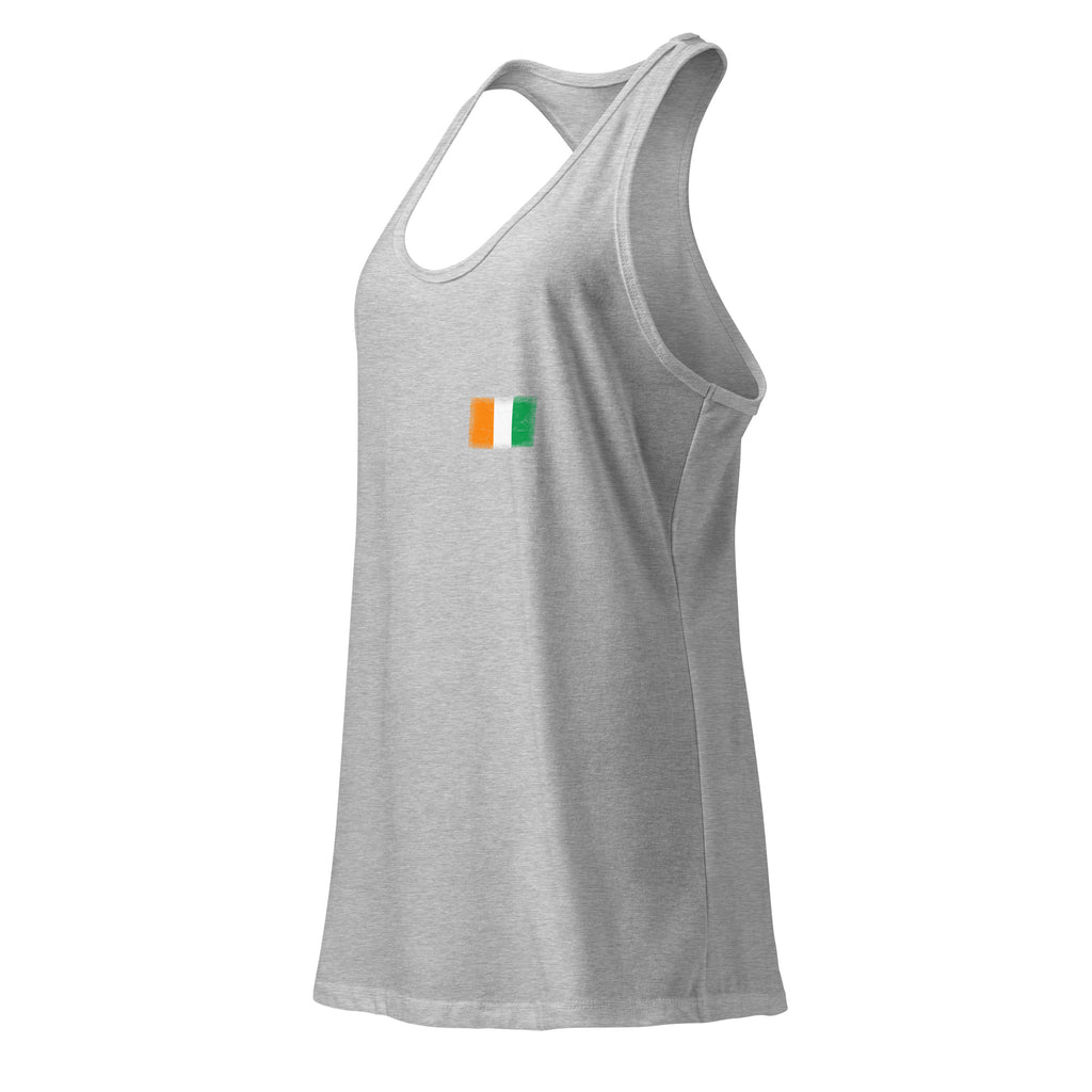 Côte d'Ivoire flag racerback tank top in Heather Gray, vintage-washed print, small flag on the left chest, women cut, side view