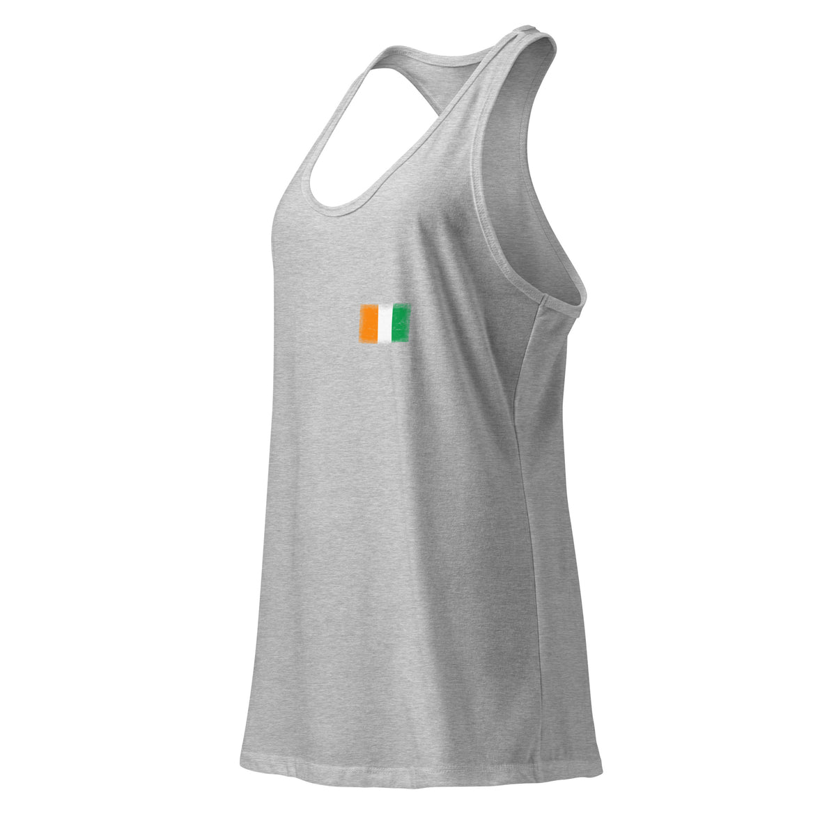 Côte d'Ivoire flag racerback tank top in Heather Gray, vintage-washed print, small flag on the left chest, women cut, side view