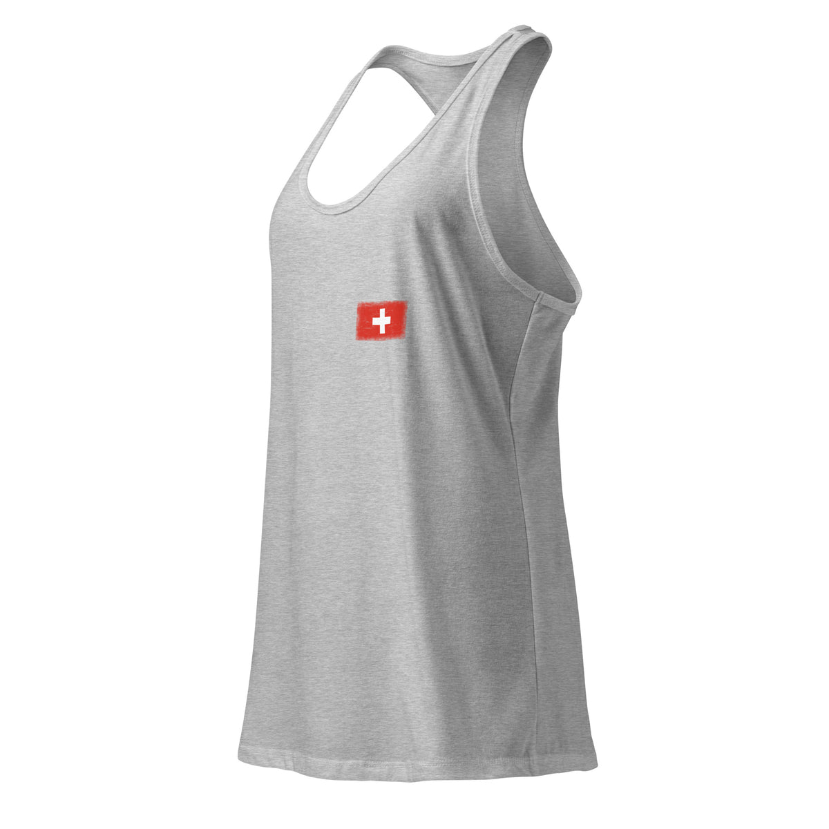 Switzerland flag racerback tank top in Heather Gray, vintage-washed print, small flag on the left chest, women cut, side view