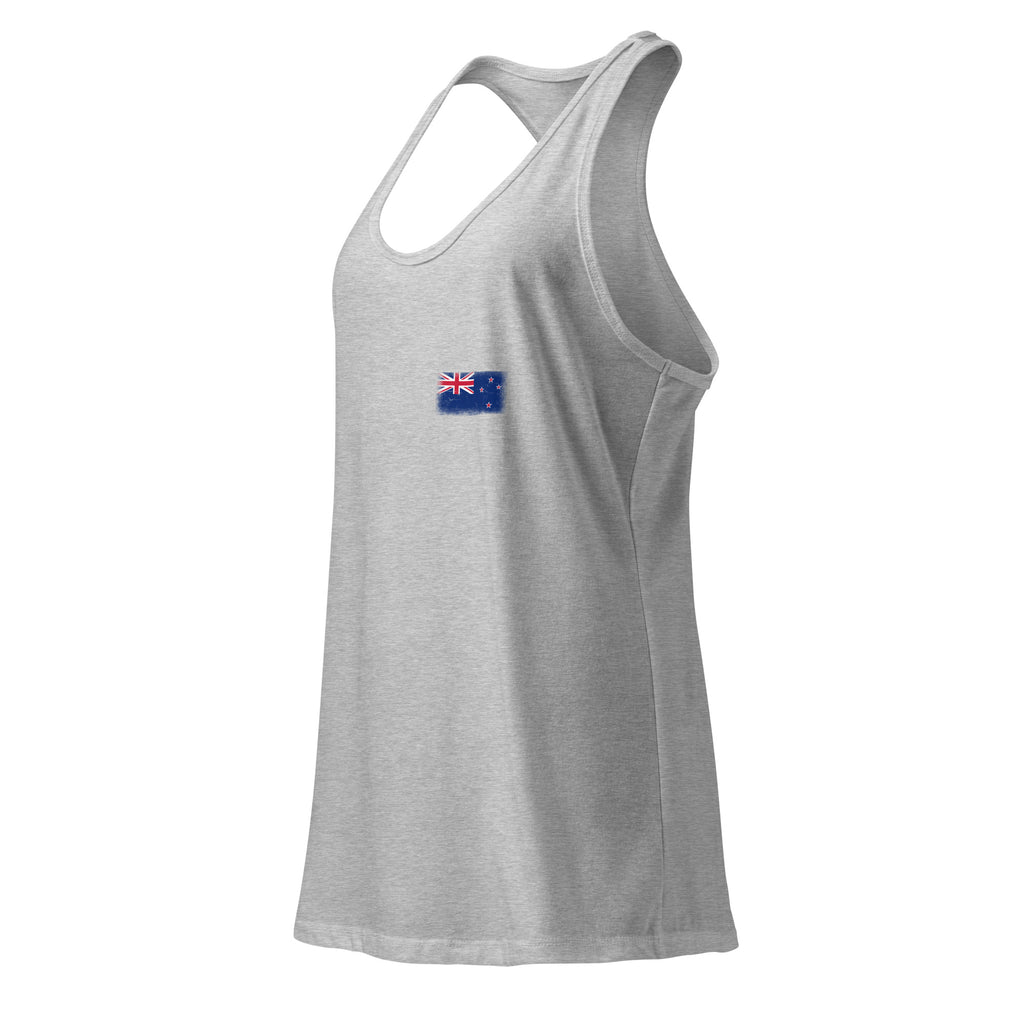 New Zealand flag racerback tank top in Heather Gray, vintage-washed print, small flag on the left chest, women cut, side view