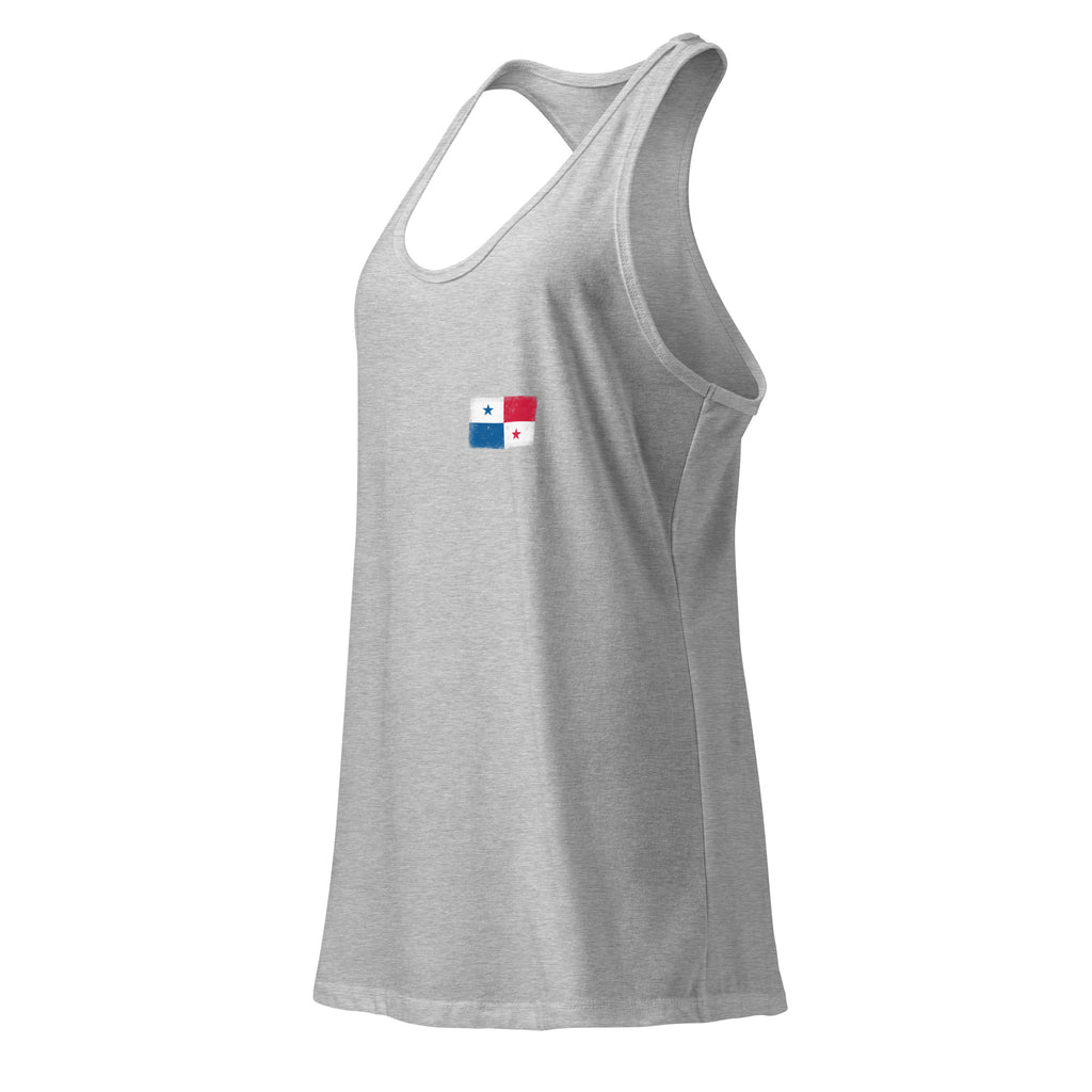 Panama flag racerback tank top in Heather Gray, vintage-washed print, small flag on the left chest, women cut, side view