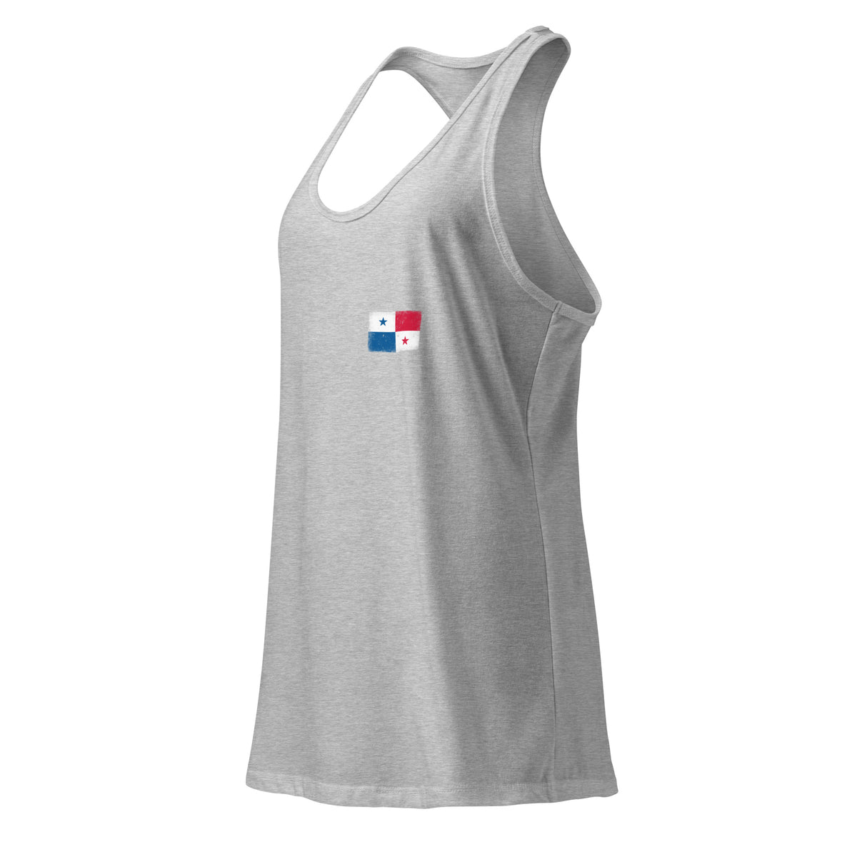 Panama flag racerback tank top in Heather Gray, vintage-washed print, small flag on the left chest, women cut, side view