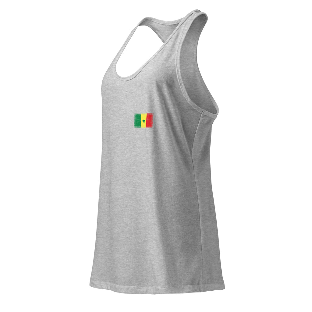 Senegal flag racerback tank top in Heather Gray, vintage-washed print, small flag on the left chest, women cut, side view