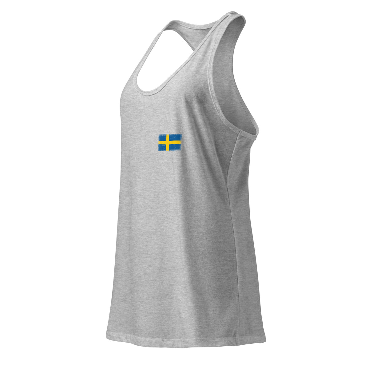 Sweden flag racerback tank top in Heather Gray, vintage-washed print, small flag on the left chest, women cut, side view